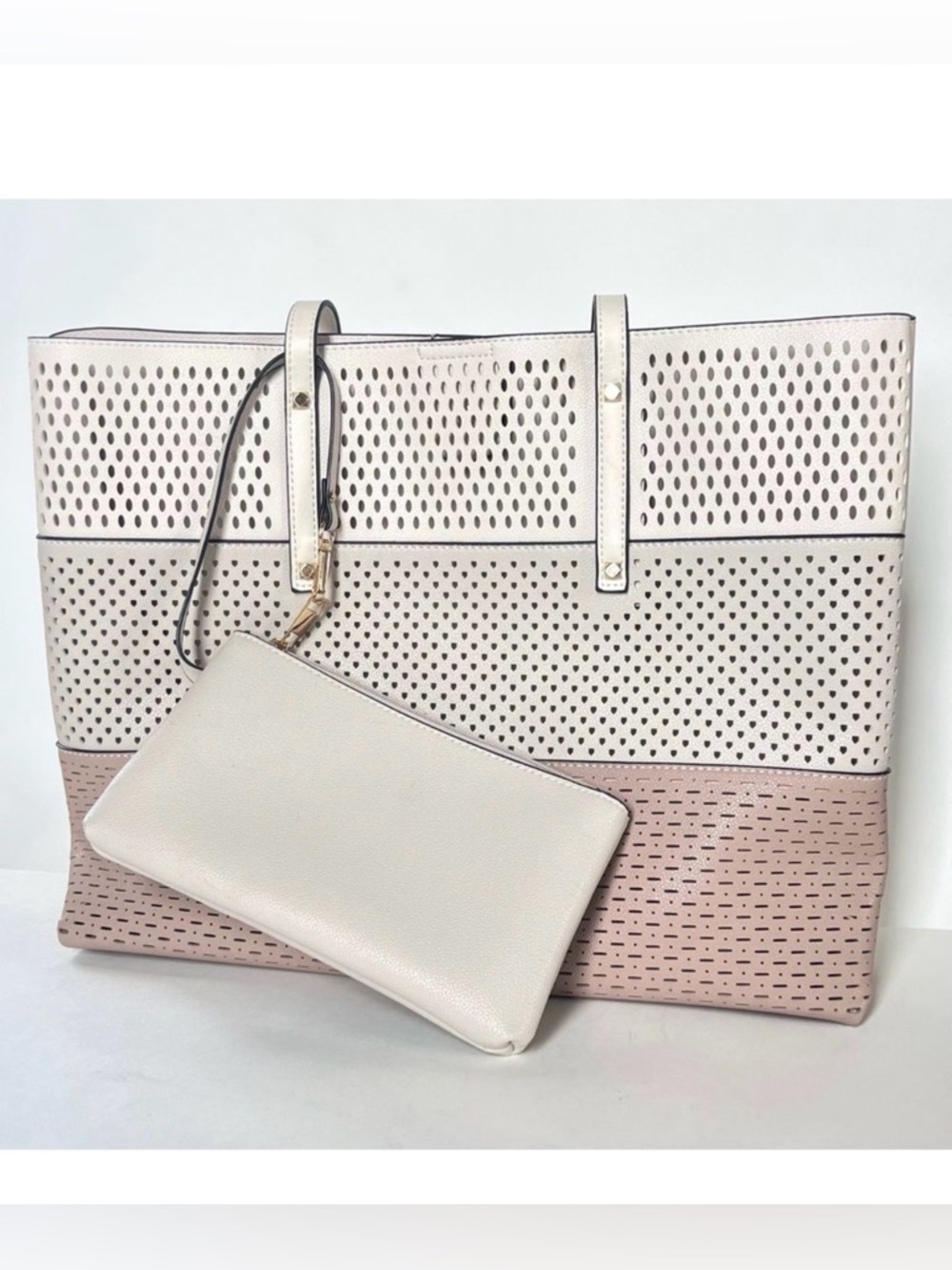 Mellow World Laser Cut  Neutral Colorblock Cream Tan Large Tote Bag Purse Set